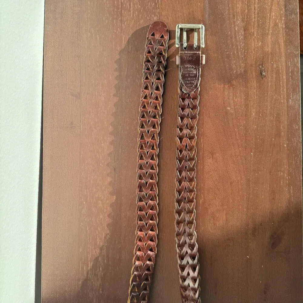Genuine Full Grain Leather Braided Woven Belt Brown Solid Brass Buckle Size 38